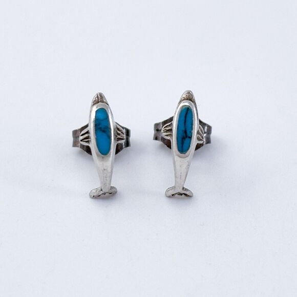 Vintage Sterling Silver 925 Turquoise Dolphin Stud Earrings - Picture 2 of 6